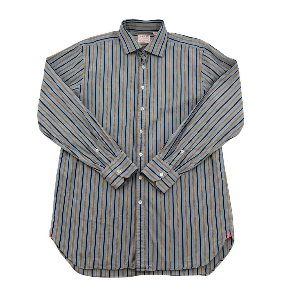 Thomas Pink Men Striped Button Down Shirt Blue Orange 15.5 Regular Sleeve Casual